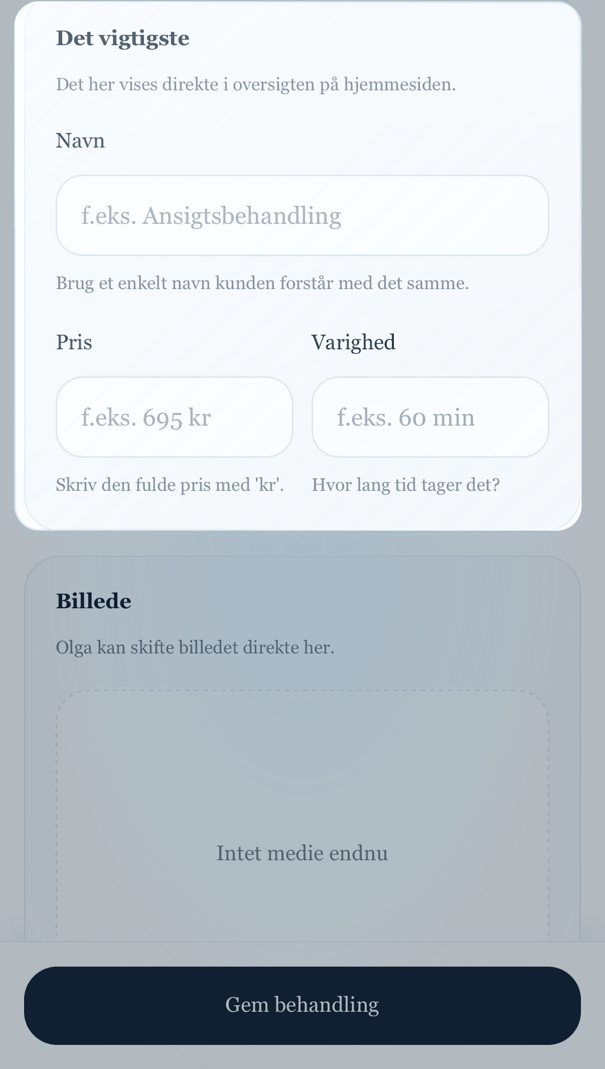 Mobil admin hvor en behandling og pris kan redigeres